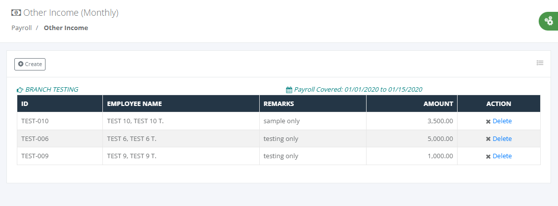 Payroll: Other Income (List)